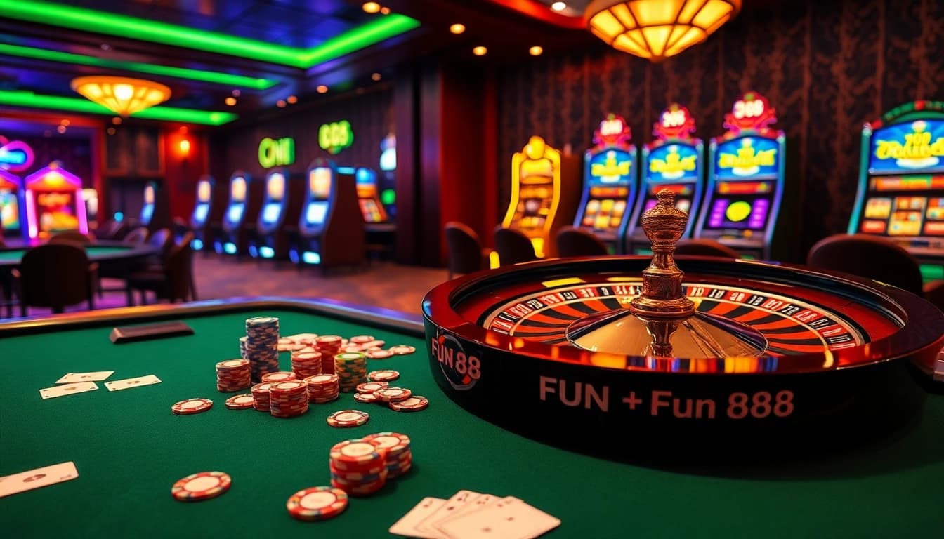 Exciting gamblers playing at a Fun 88 casino table with vibrant chips and cards.