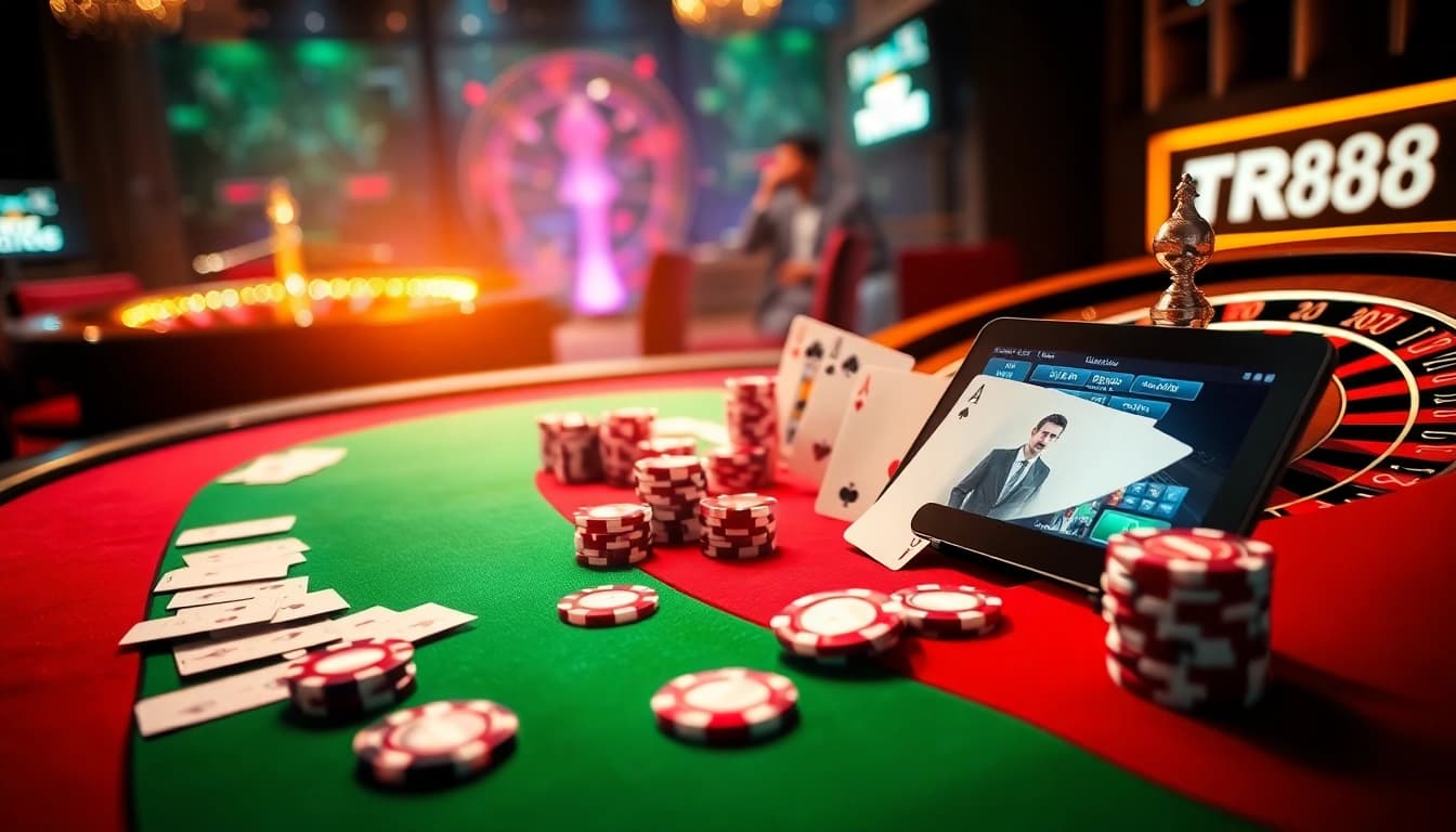 Experience luxury gambling at TR88 trang chủ with poker chips and a roulette wheel.