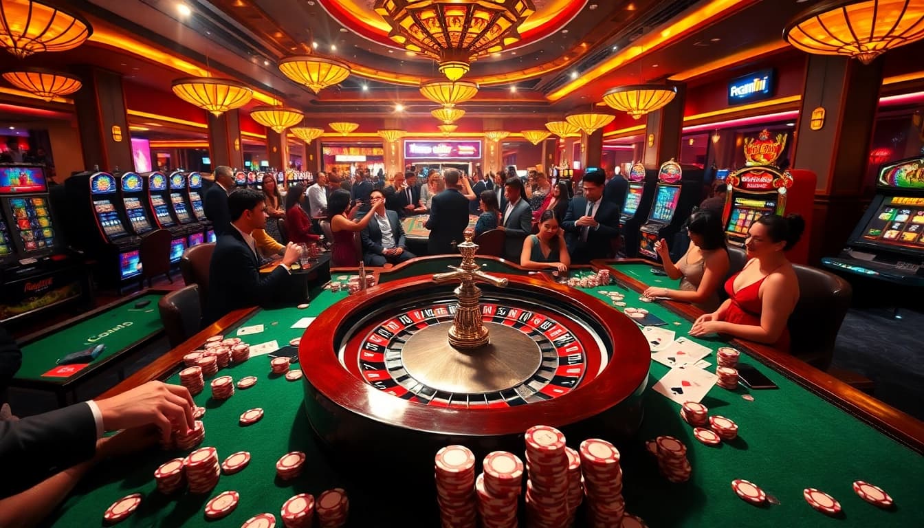 Gamblers enjoying an exciting game at 98win.com casino with colorful slot machines and tables.