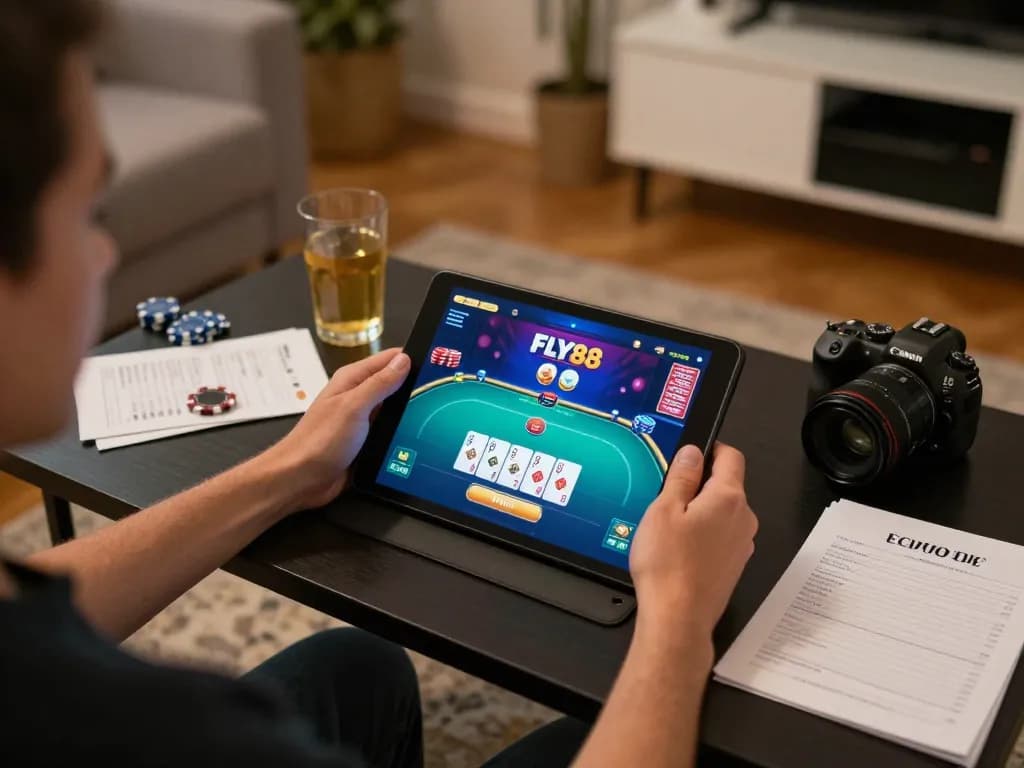 Engaging online gaming session at FLY88 with poker cards and strategic notes