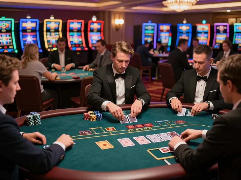 Engaging gameplay at https://ee888.sa.com/ casino floor with players at poker tables