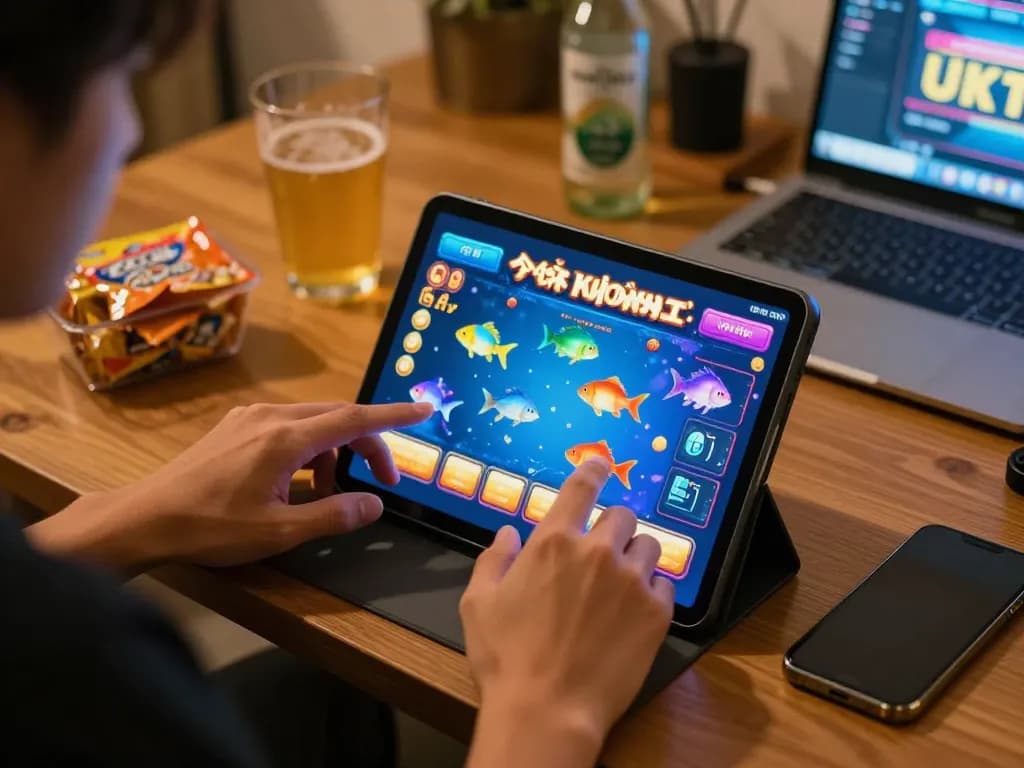 Bắn cá đổi thưởng gameplay on a tablet in a cozy home setting with vibrant colorful graphics