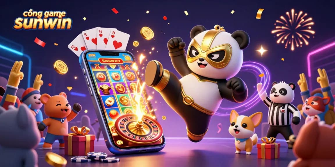 Engage in exciting wins at cổng game sunwin with vibrant 3D illustration of a panda wrestler and lively casino elements.