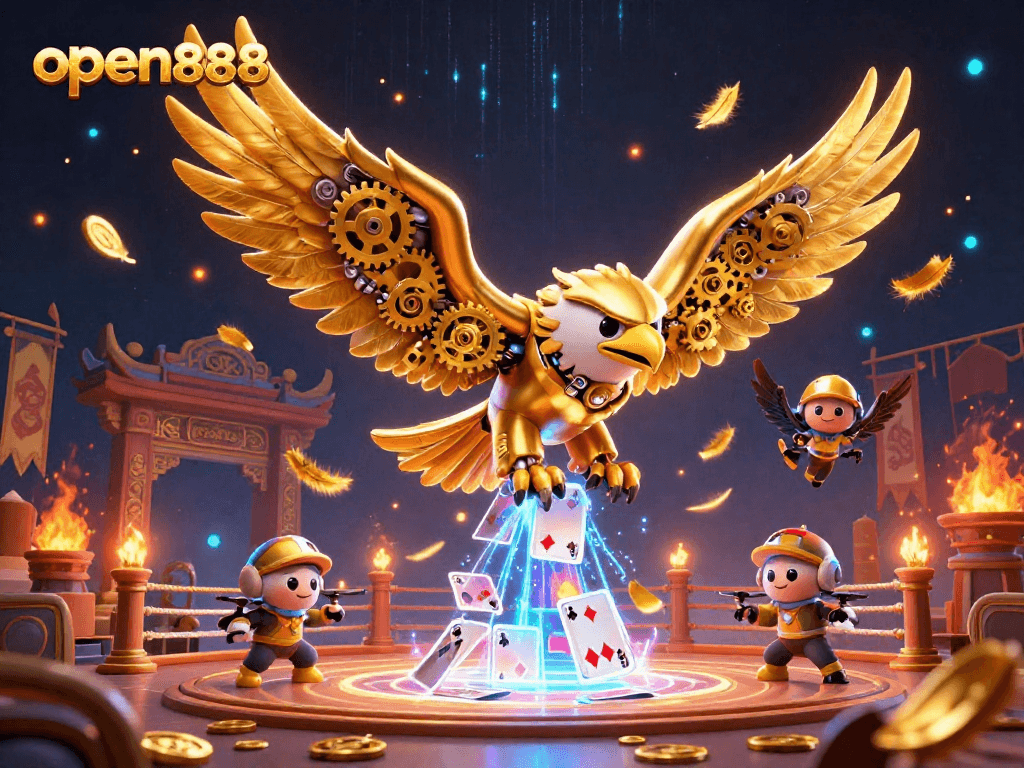 Engage with open888 at a lively arena, featuring a cybernetic eagle and dazzling holographic cards.