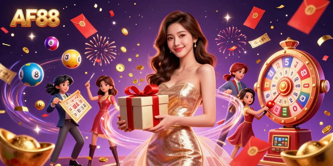 Experience the excitement of winning with AF88 as golden coins spill from a festive gift box in a vibrant casino scene.