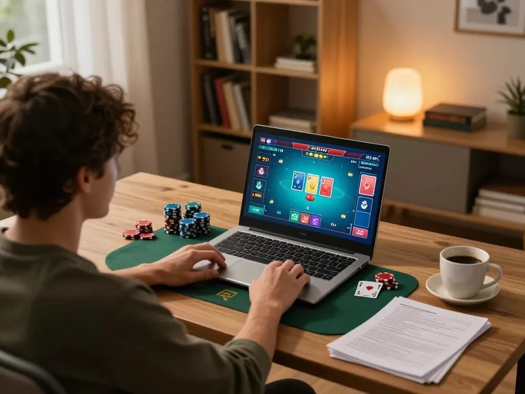Engaging scene with a player immersed in online poker at Nhà cái MB88, showcasing dynamic gameplay and strategy.