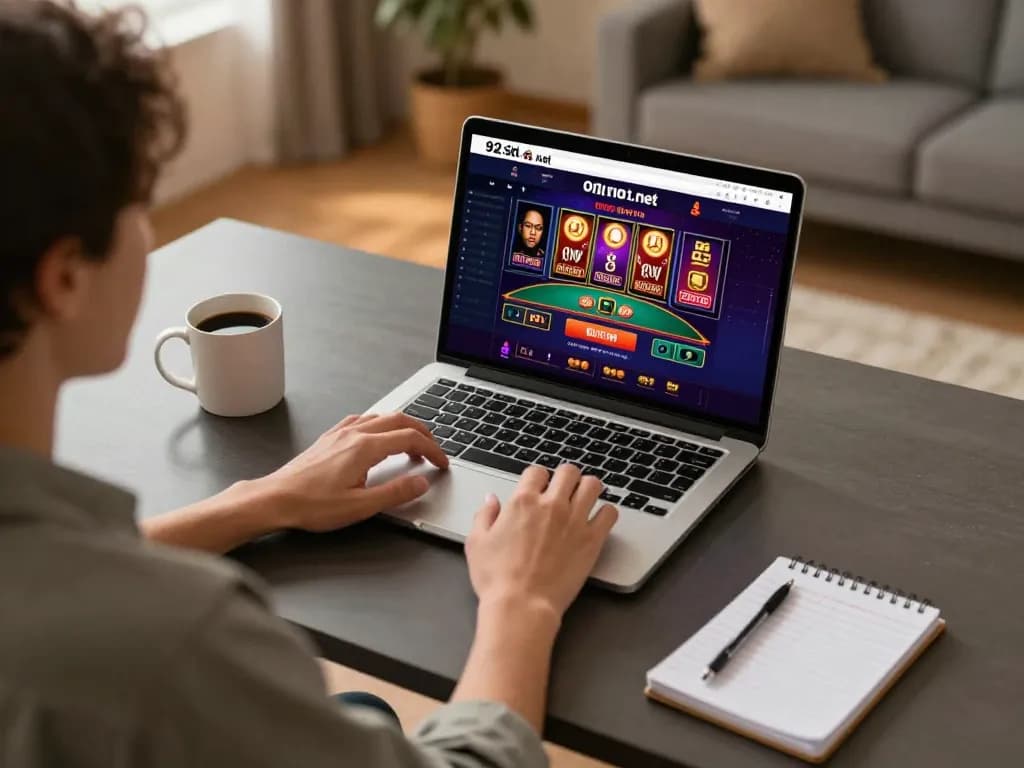 Engaging with 92slot.net online casino platform on a stylish home setup, showcasing strategic gambling moments.