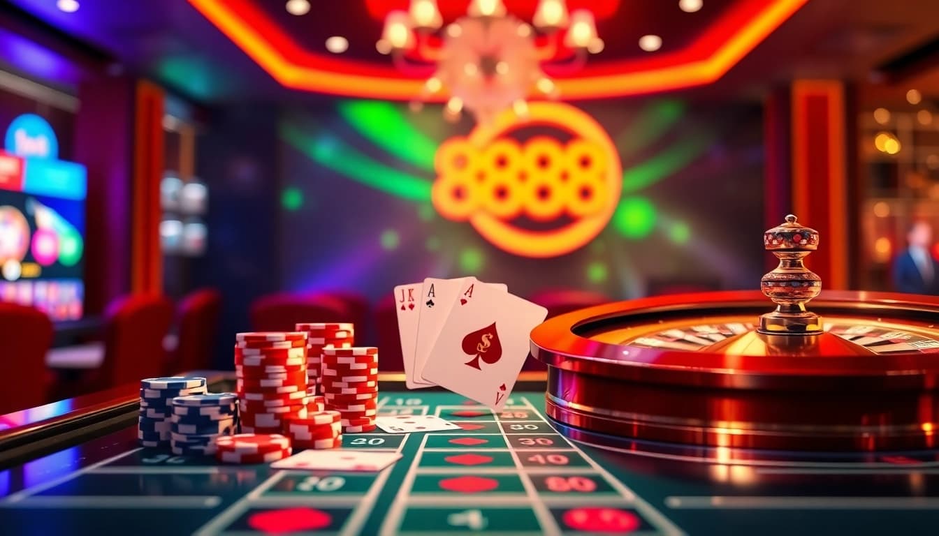 Experience the excitement of 888new đăng nhập with vibrant online gambling visuals featuring poker chips and roulette.