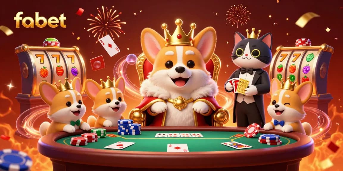 Engage with fabet's vibrant casino scene featuring royal-themed characters amidst dazzling card games and slot elements.