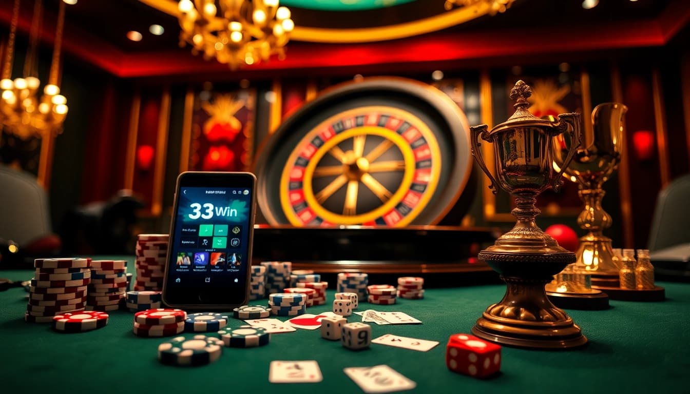 Experience the thrill of gaming at 33Win's luxurious casino with poker chips and a spinning roulette wheel.