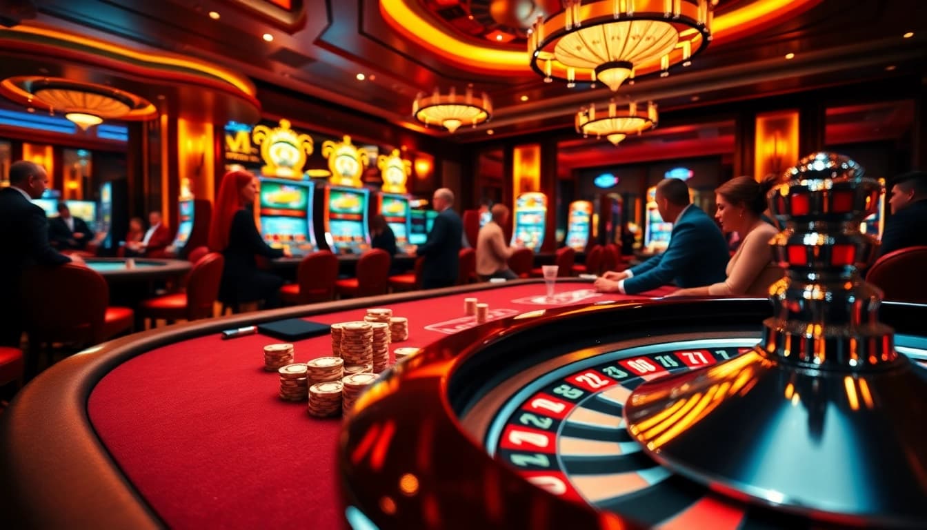 High-stakes poker action at 68VIP casino with chips and a roulette wheel.