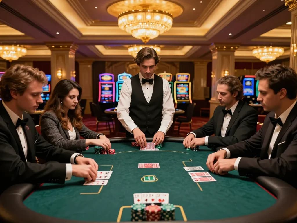Players strategizing in a luxurious poker game at km777 casino, elegant atmosphere and warm lighting