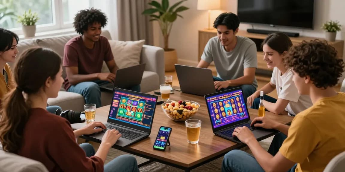 Friends enjoying online casino games at https://transact.org.uk in a lively living room setting.