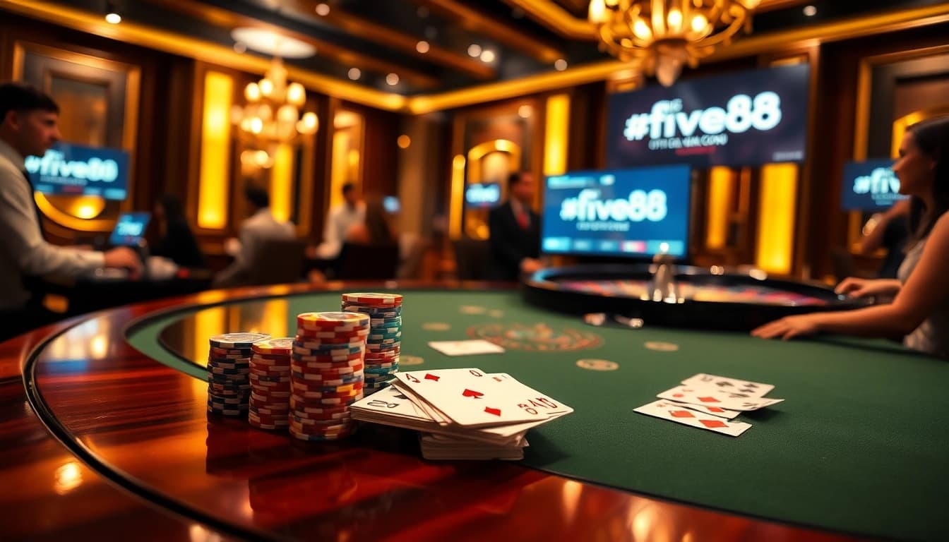 Experience thrilling poker action at https://five88.za.com/ with vibrant chips, cards, and casino ambiance.