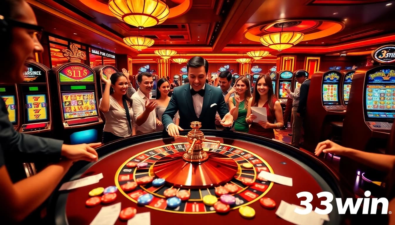 Experience the thrill of gambling at 33win's luxurious casino, featuring roulette, poker, and vibrant visuals.