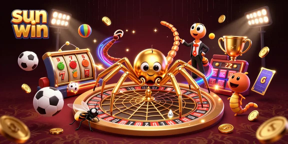 Experience sun win with a lively 3D cartoon casino scene featuring a golden spider and sports elements.