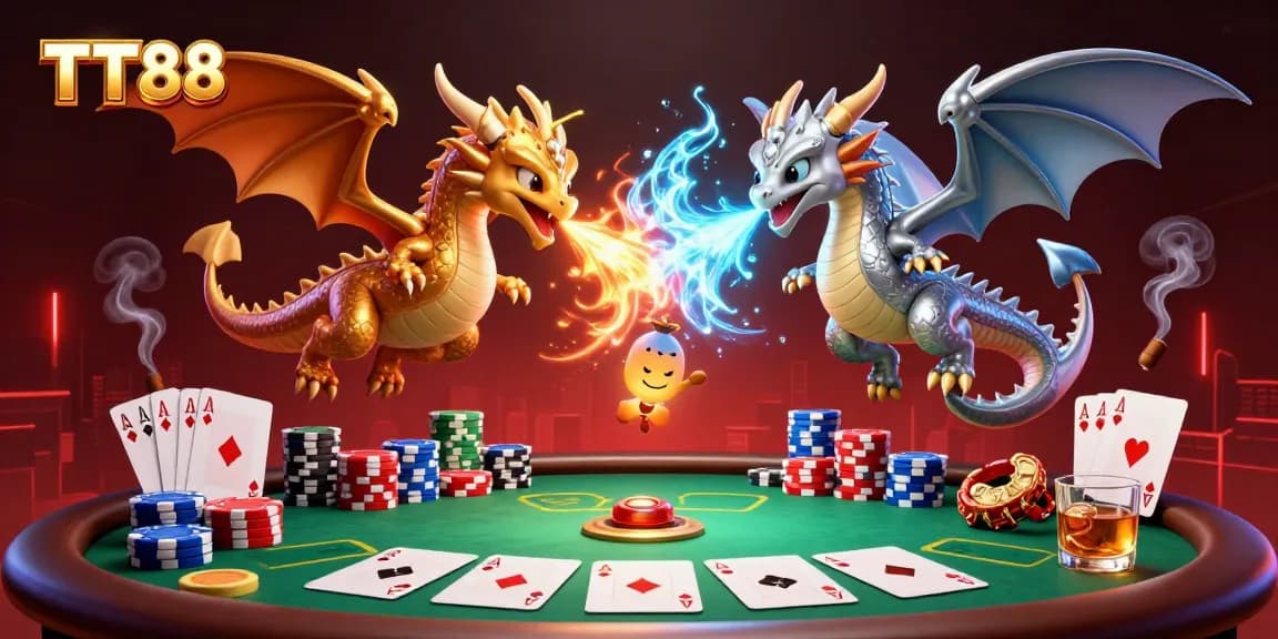 Experience TT88 with vibrant poker action, featuring fiery and icy dragon spirits in an engaging casino scene.