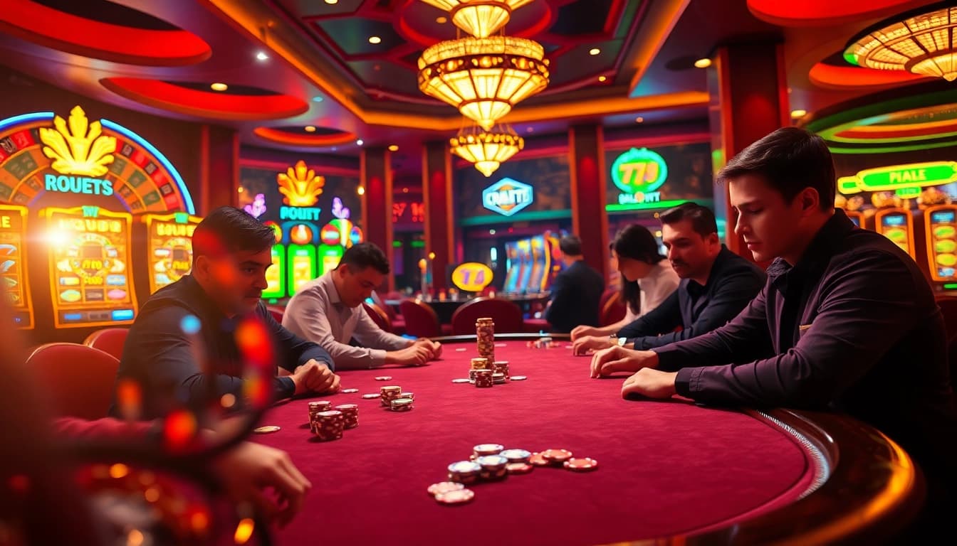 Players enjoying a thrilling poker game at 777X ATQ casino with vibrant colors and luxury ambiance.