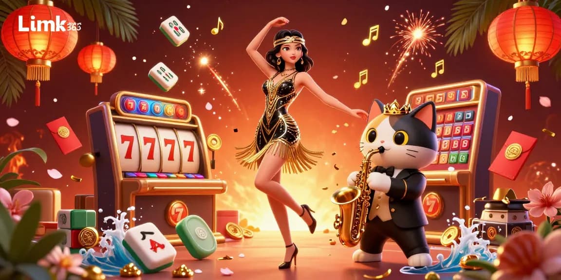 Spin to win at Link OK365 in this vibrant casino scene with a dancing woman and saxophone-playing cat.