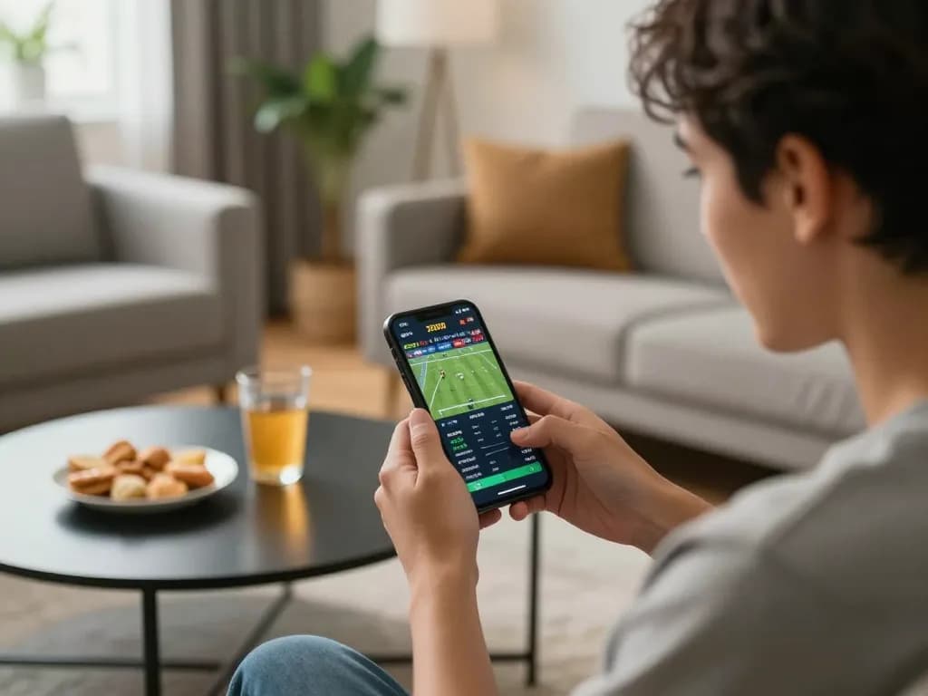 Engaging in live sports betting on qh88go smartphone, showcasing real-time odds within a cozy home environment