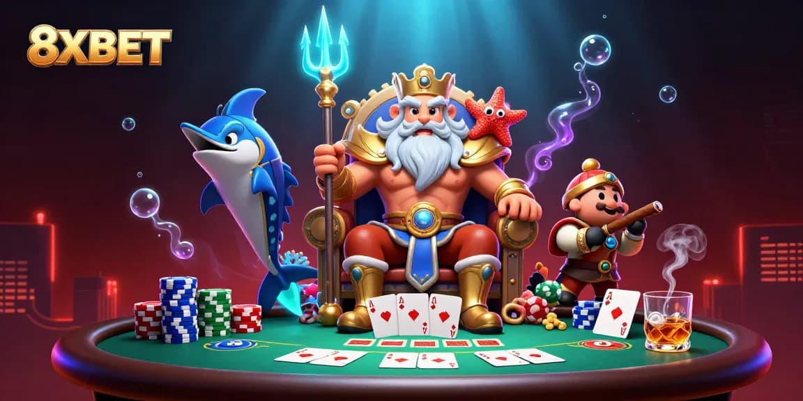 Engage with exciting poker action at 8XBET with Neptune and friends under the ocean