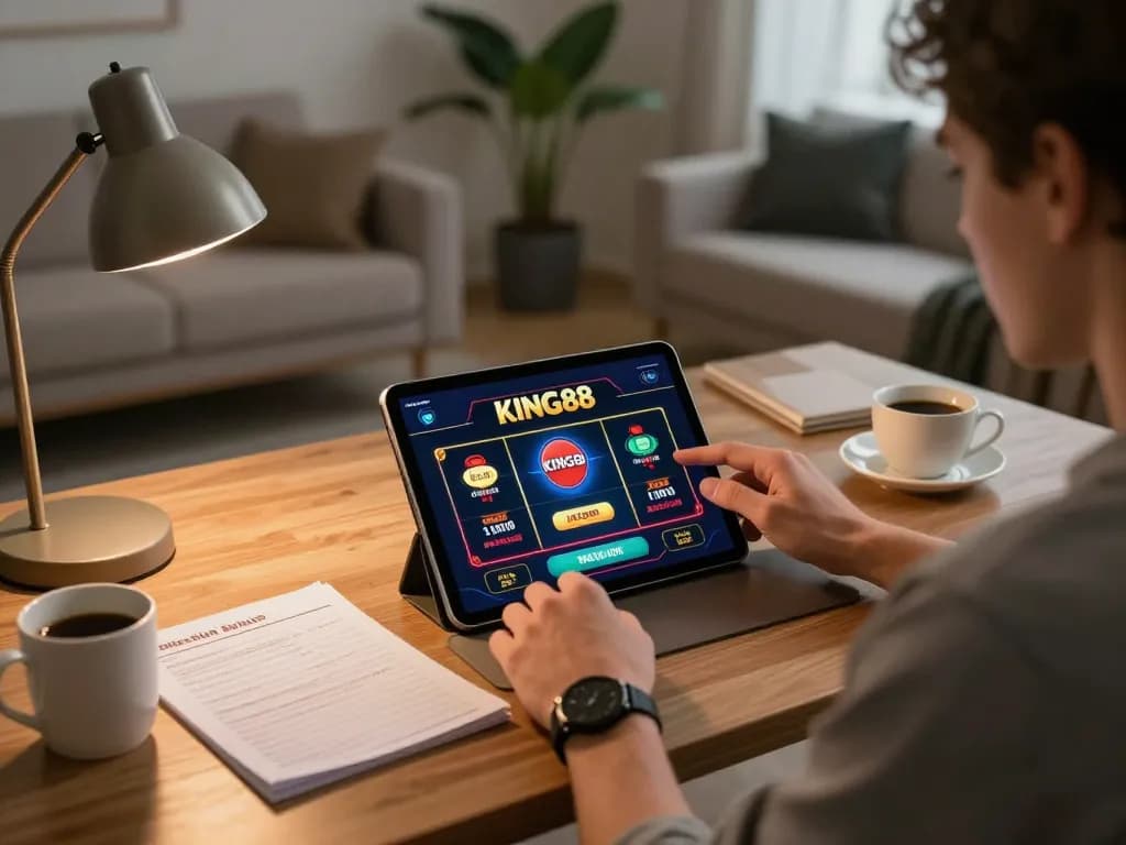 Engaging in online gameplay with KING88 on a tablet in a stylish home office.