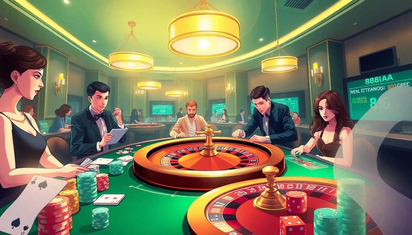 Engaging casino table scene showcasing 88aa with players at a roulette wheel, chips, and cards.
