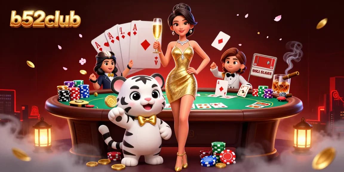 B52Club showcases a glamorous woman and a cartoon lucky tiger cub at a vibrant casino scene.