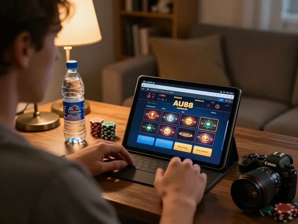 Engaging online gambling scene showcasing a player utilizing AU88 broker on a tablet.