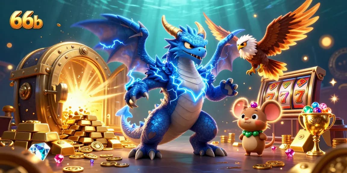 Exciting 66b casino illustration featuring dynamic dragons and treasure elements.