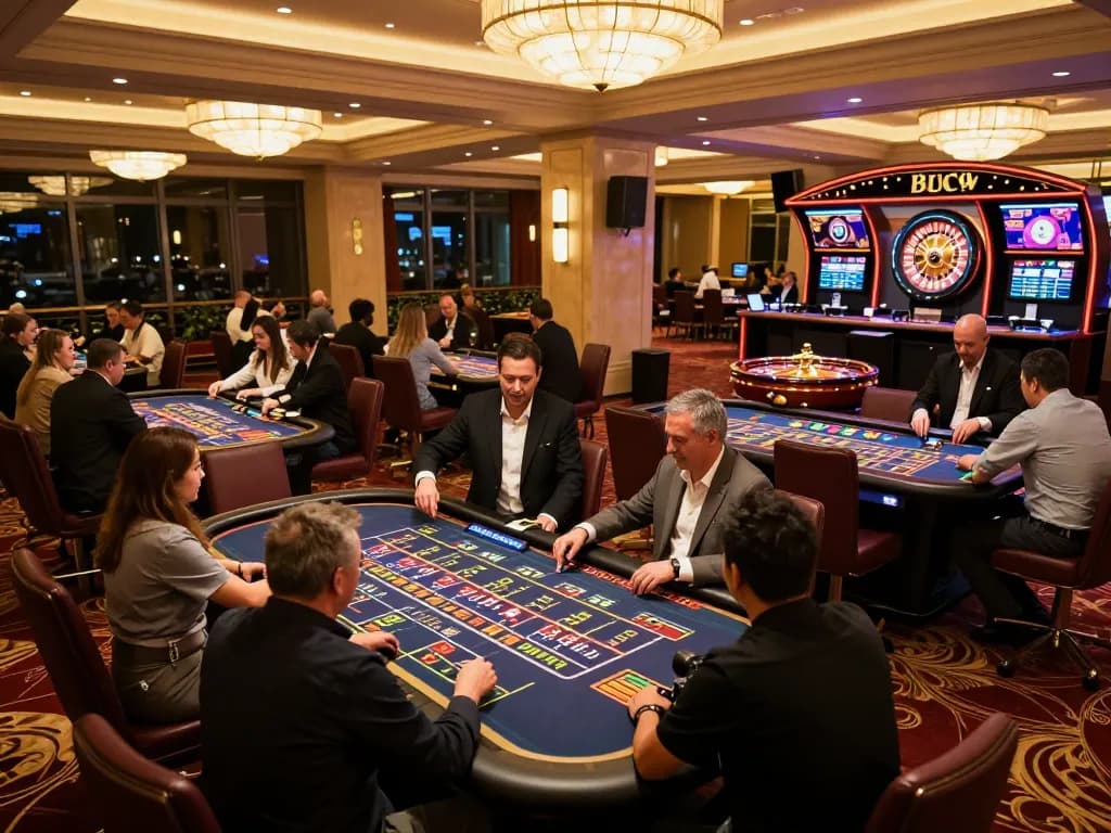 Players engaging in thrilling games at 888NEW casino floor, showcasing excitement and luxury in a vibrant atmosphere.