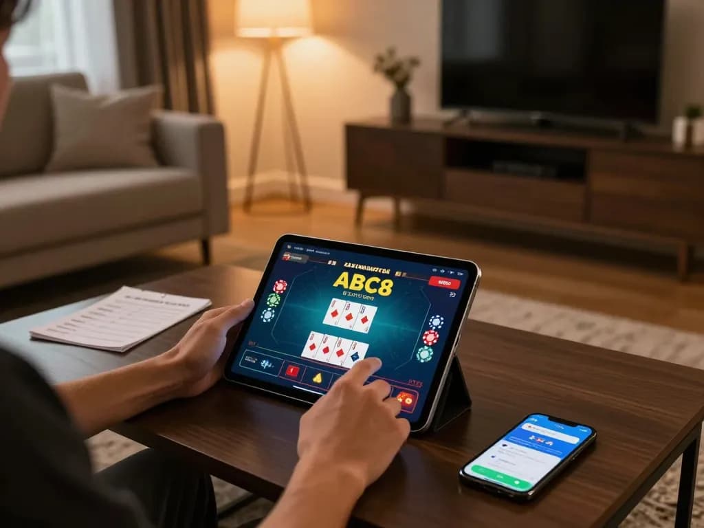 Player engaging with the ABC8 gambling app on a tablet at home, showcasing a strategic betting atmosphere