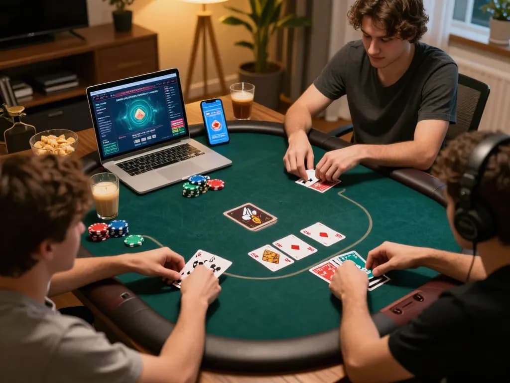 Players enjoying a competitive game at 58wiin's online poker table with cozy home setup.