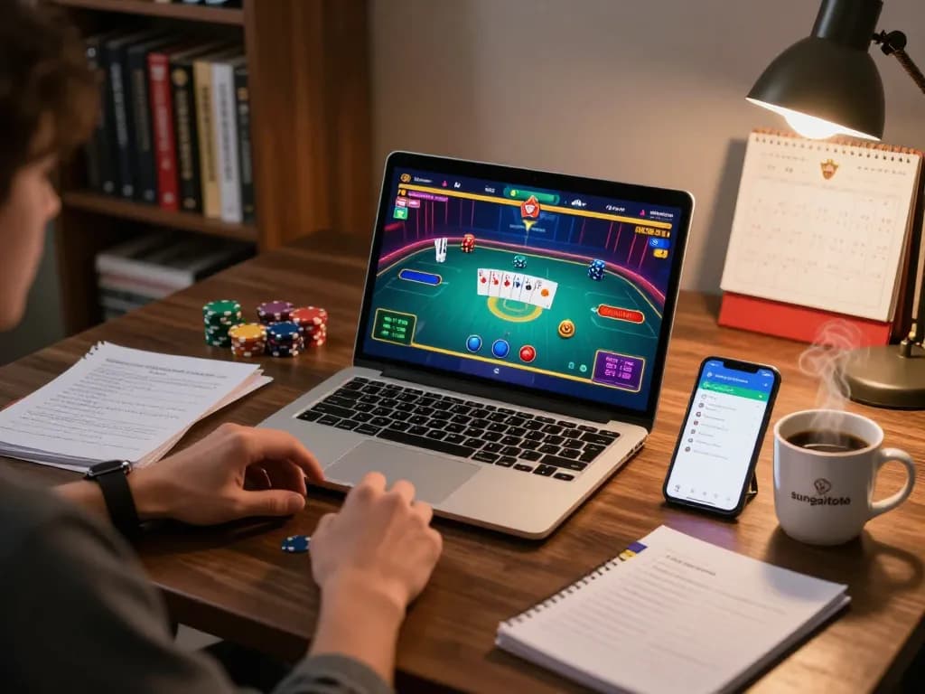 Player enjoying online poker on the sungaitoto app, surrounded by strategic notes and cozy ambiance.