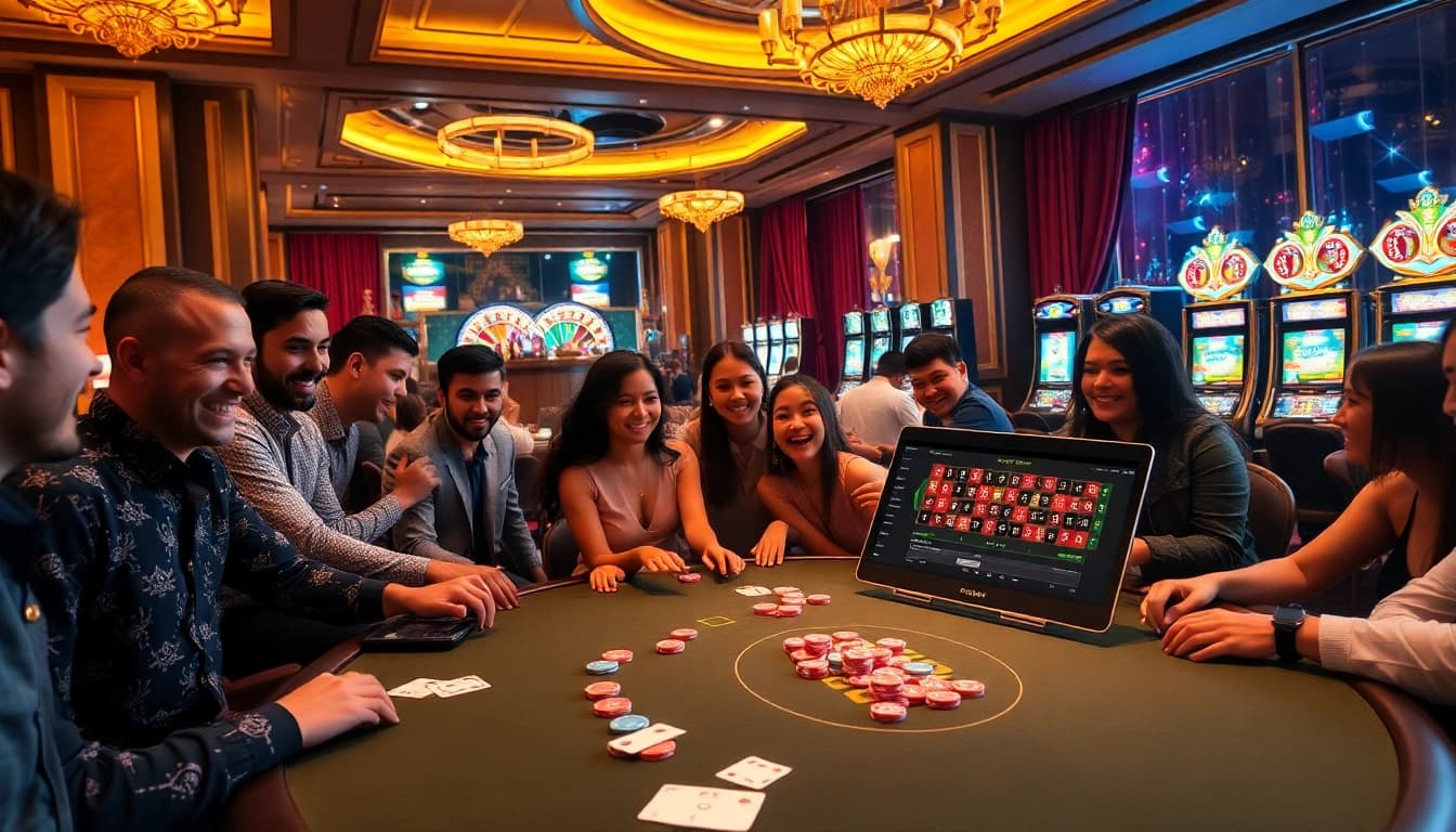 Exciting poker game at 789BET with colorful chips, playing cards, and a roulette wheel.