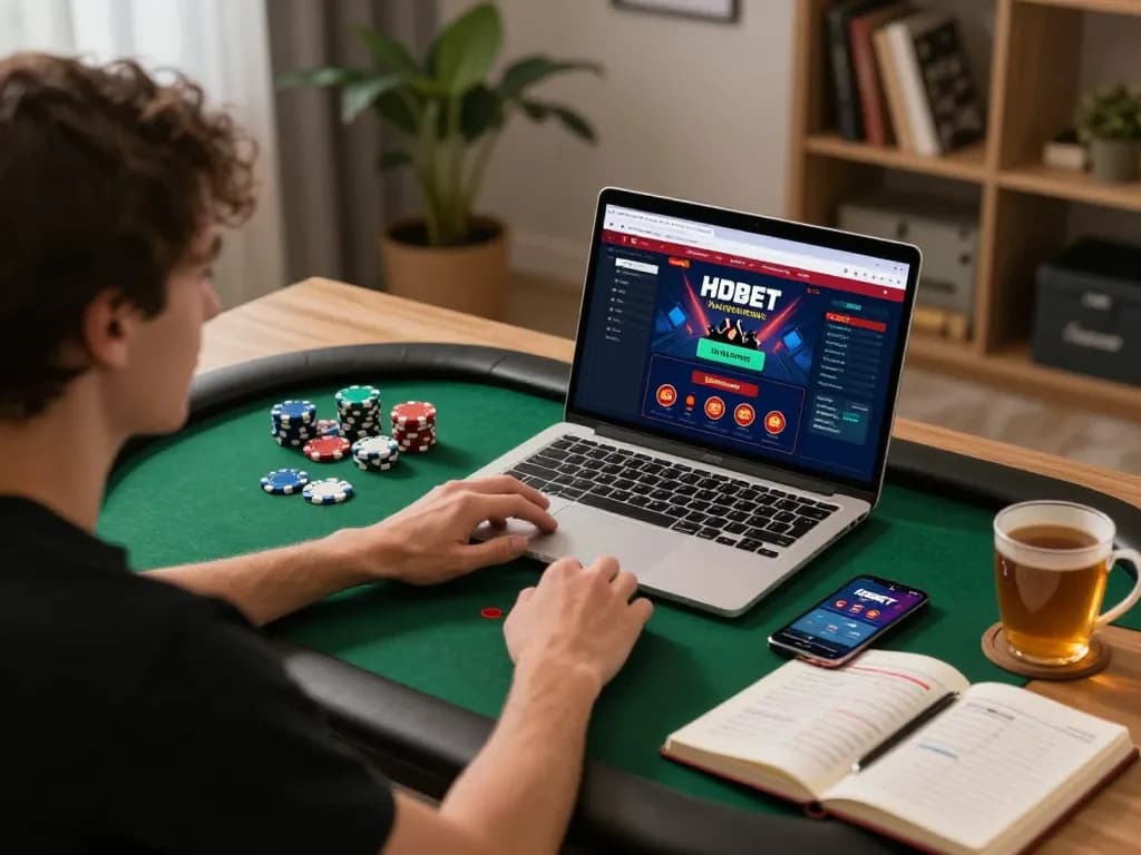 Engaging home gaming experience featuring HDBET online casino interface on laptop, betting strategy notes, and cozy atmosphere.