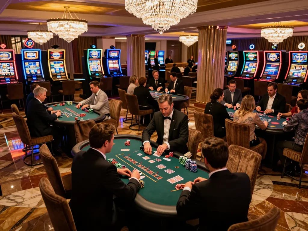 KJC players engaged in strategic blackjack gameplay at an upscale casino.