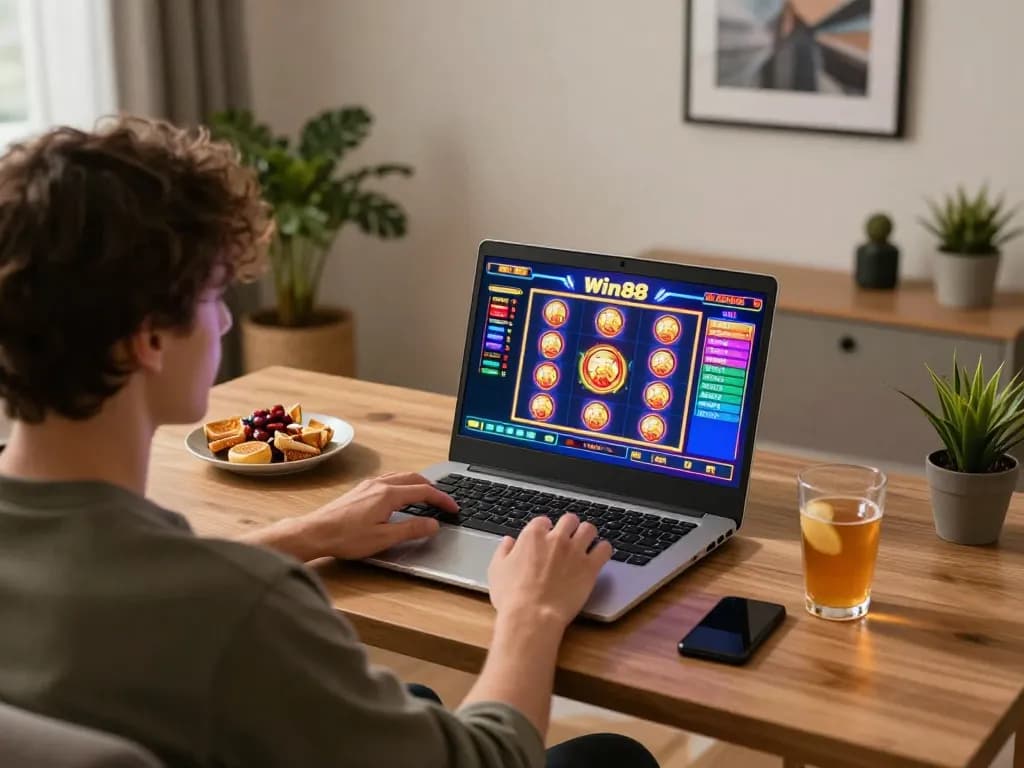 Engaging in Win88 online gaming at home with vibrant slot game interface visible on laptop.