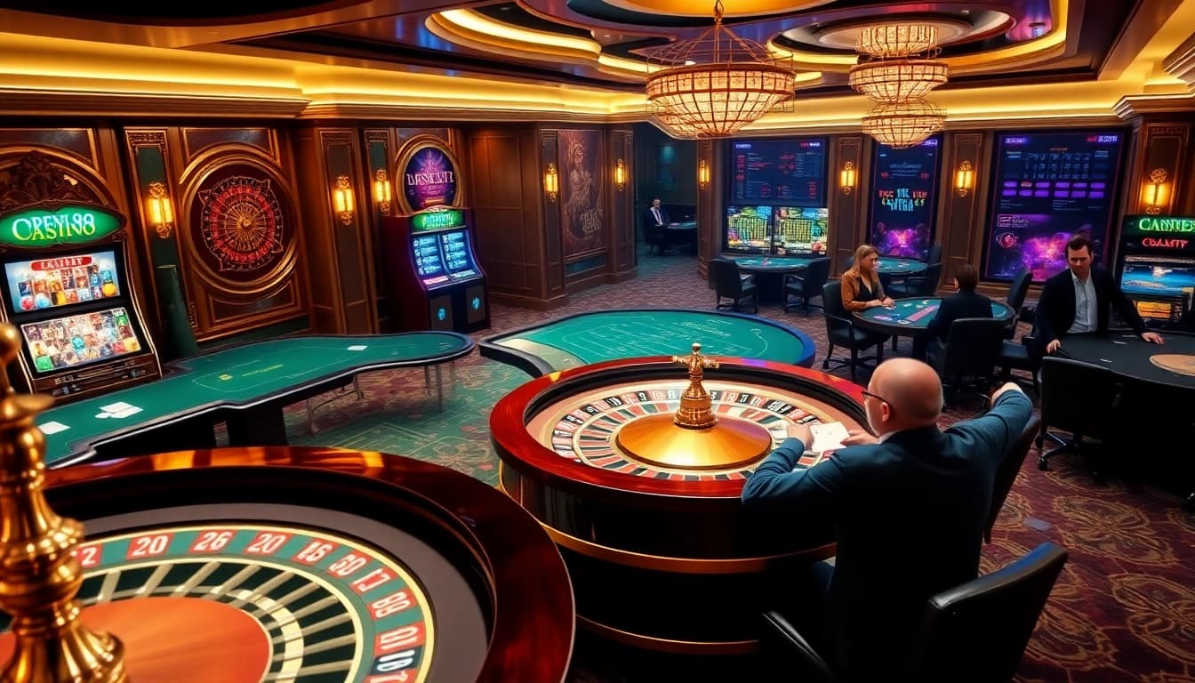 Experience the thrill of gaming at OPEN 88 with luxurious casino tables and vibrant slot machines.