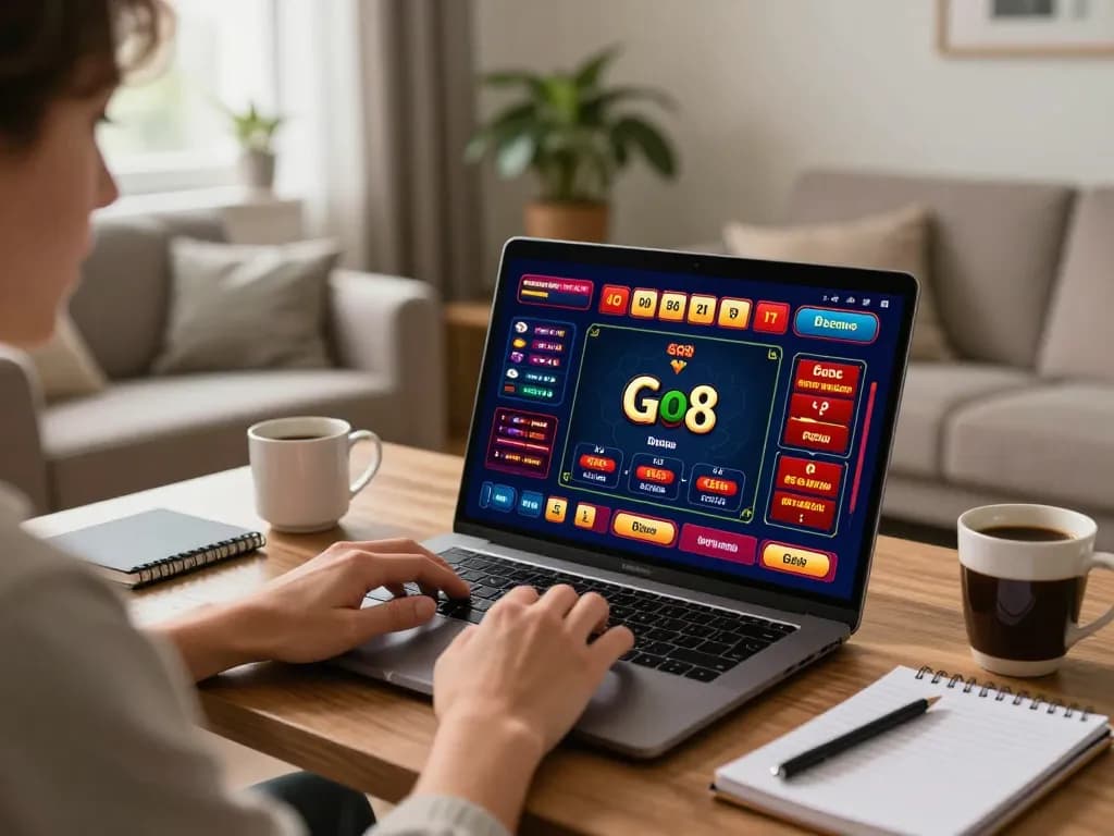 Engaged player exploring Go8 casino games on laptop from cozy home setting, enhancing online gaming experience.