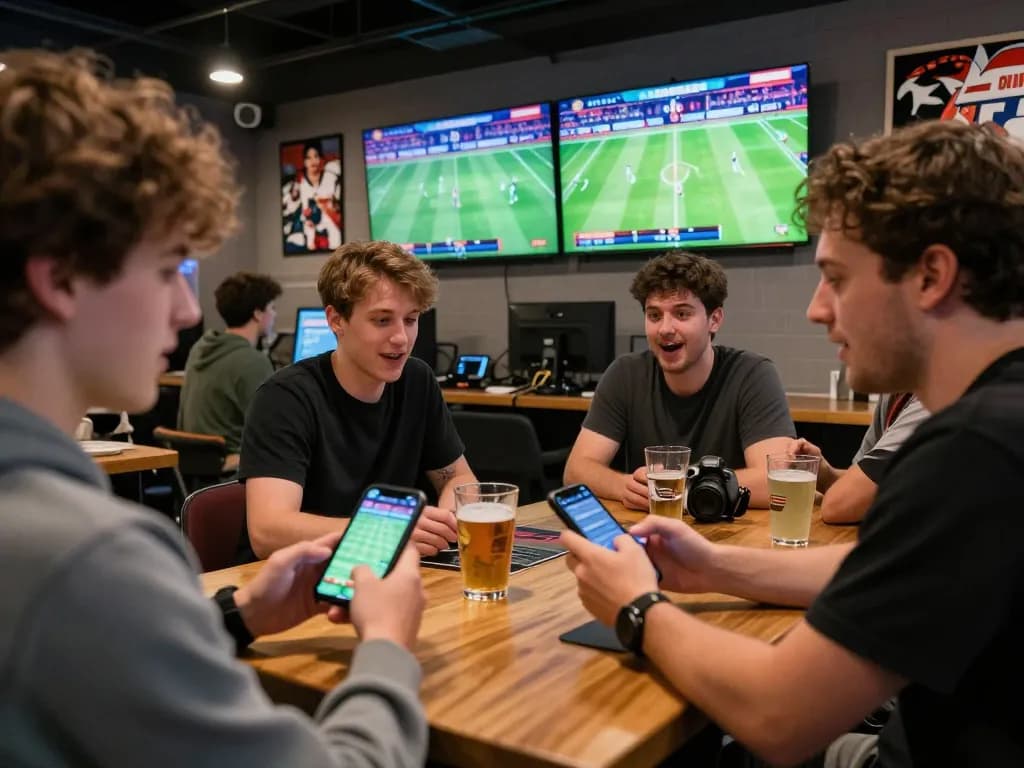 Bsport user engaging with sports betting app, surrounded by friends and live sports screens, creating an exciting atmosphere.