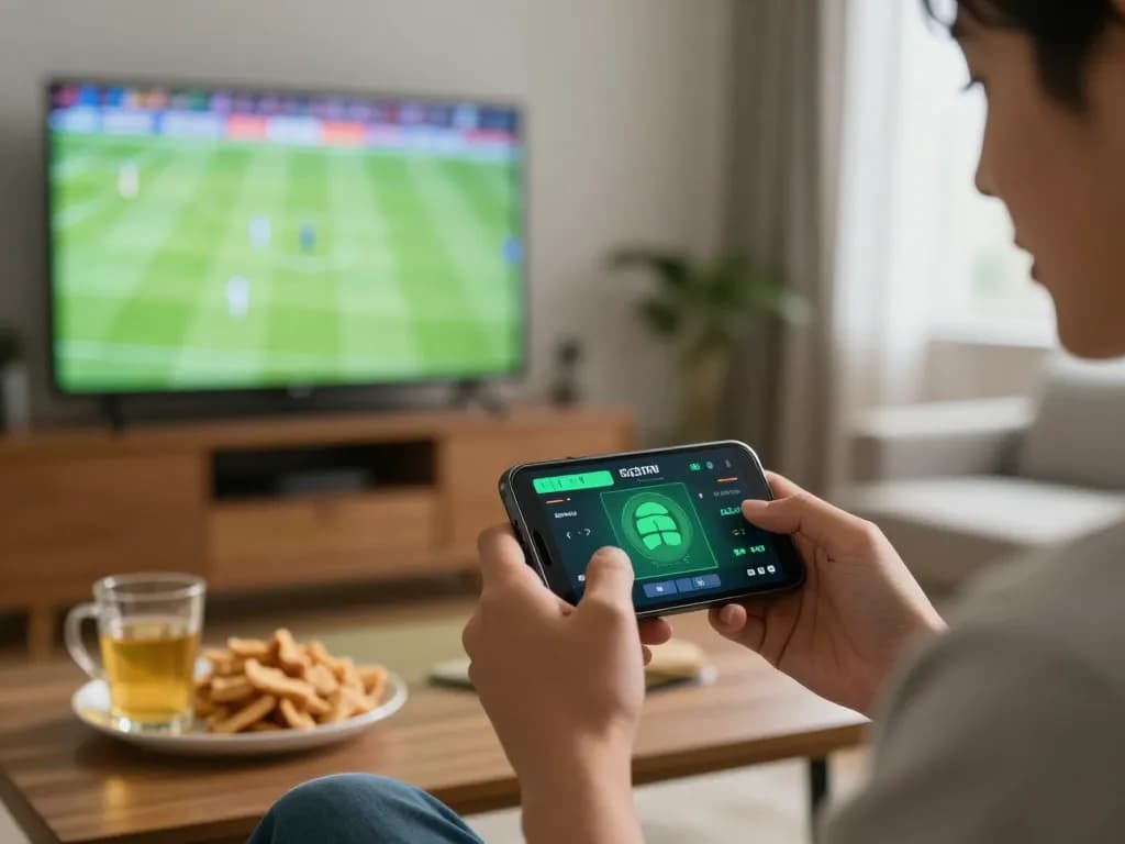 Engaged gambler placing a live bet on their smartphone through https://ae888a.ru.com/ in a cozy home setting