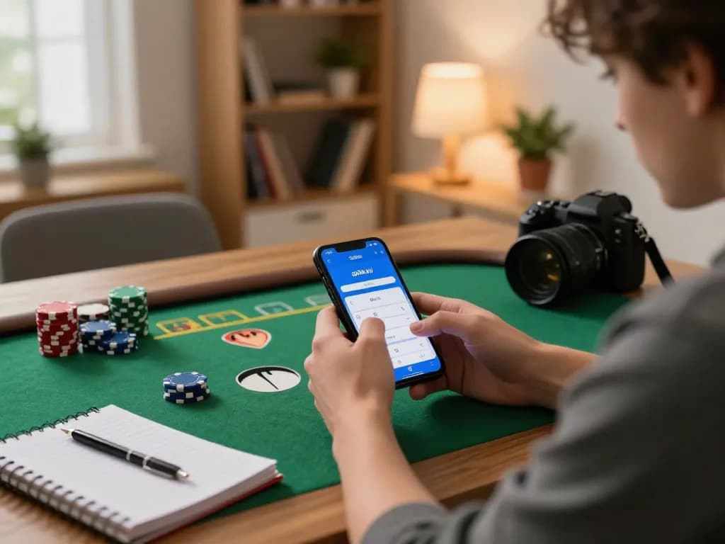 Player using the go88a.bid app on a smartphone for mobile gambling, surrounded by poker chips and strategy notes.