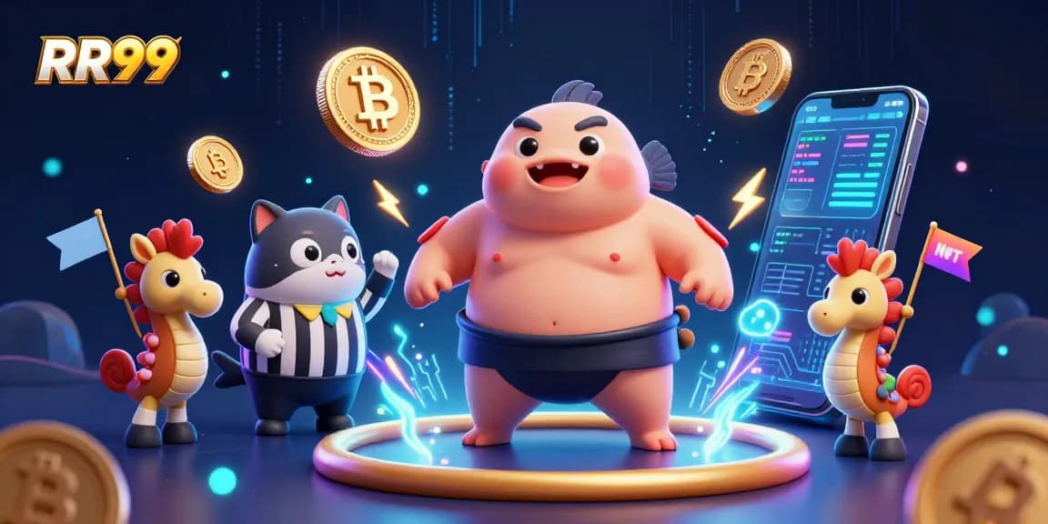 Engage with RR99 in a vibrant underwater casino arena filled with cryptocurrency excitement and colorful characters.