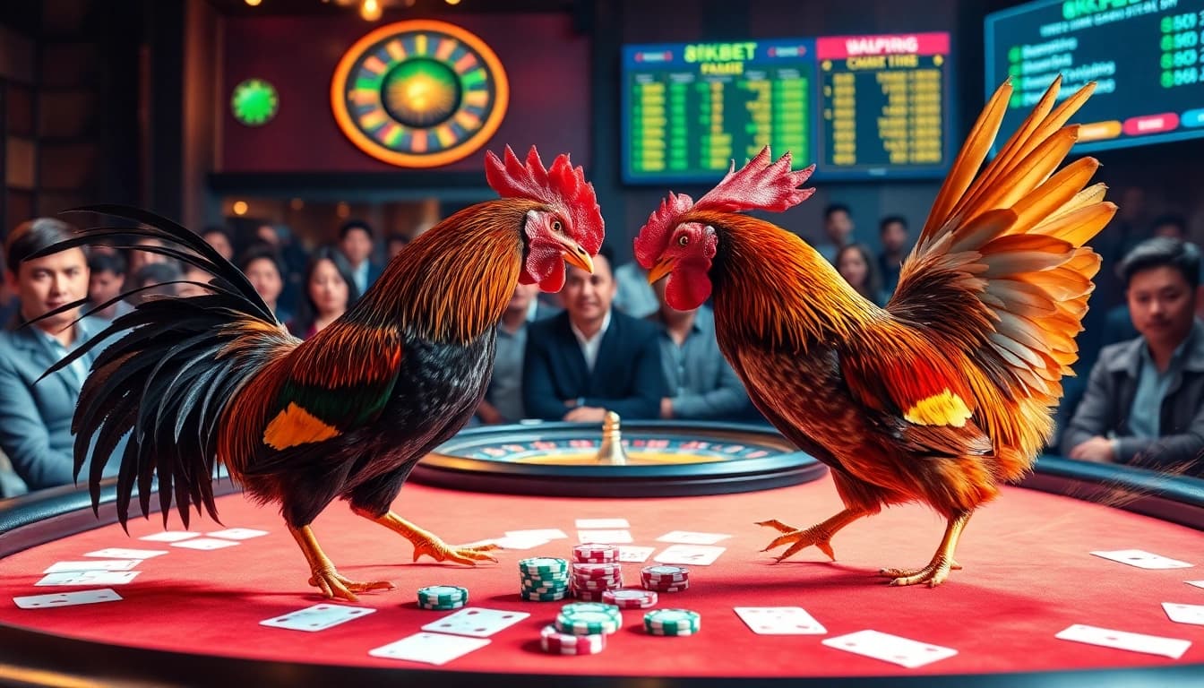 Intense rooster battle at Đá gà 8KBET, showcasing excitement and betting action.