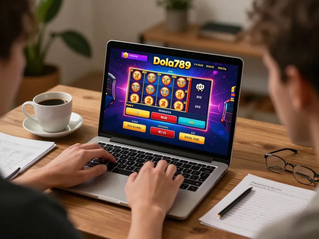 Dola789 user engaging with online casino games in a cozy home workspace