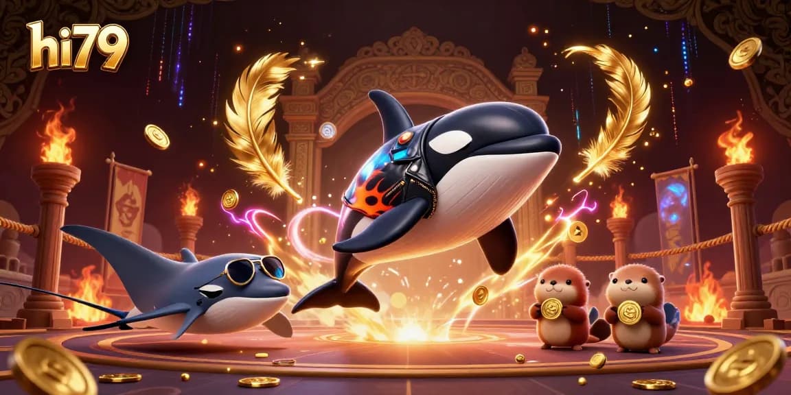 hi79 interactive gambling scene with orca, stingray, and otters celebrating wins