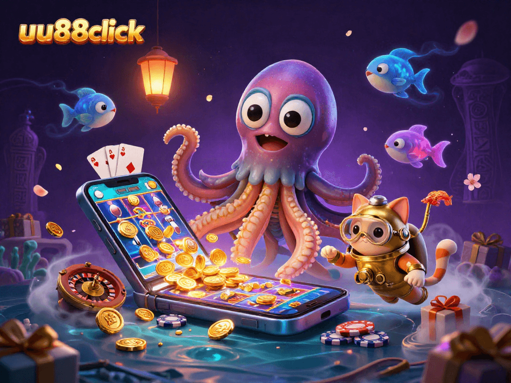 Experience thrilling gameplay with uu88click's kraken-themed 3D casino illustration showcasing dynamic slot elements.