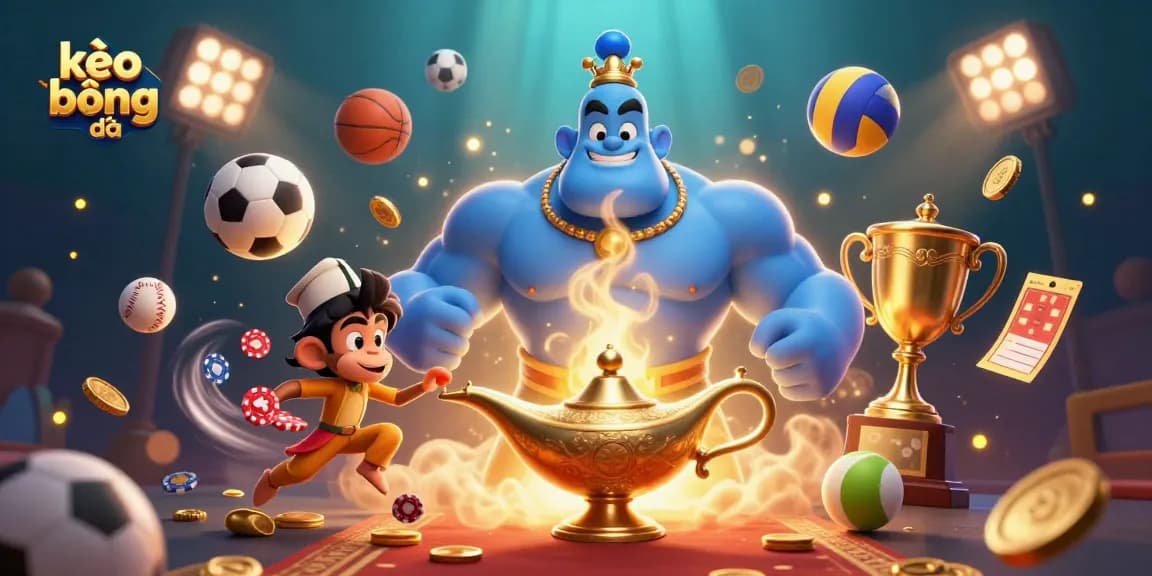 Engaging kèo bóng đá scene showcasing a genie, monkey, and sports elements, highlighting dynamic betting excitement.