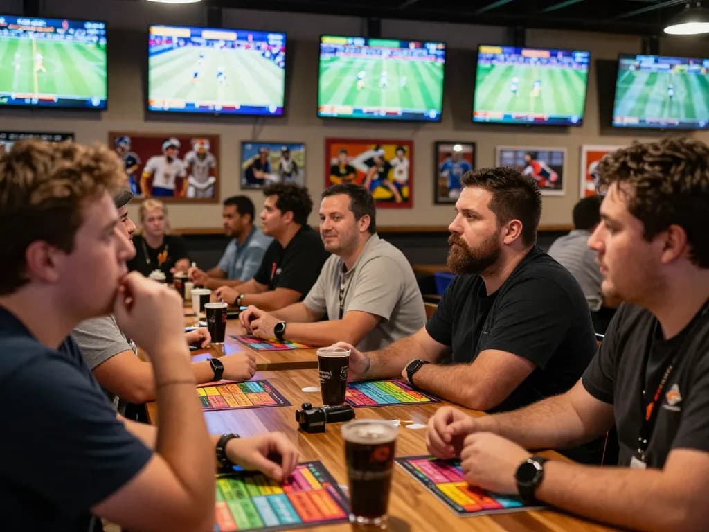 Patrons betting at 56WIN sports bar, focused on live matches with colorful betting slips.